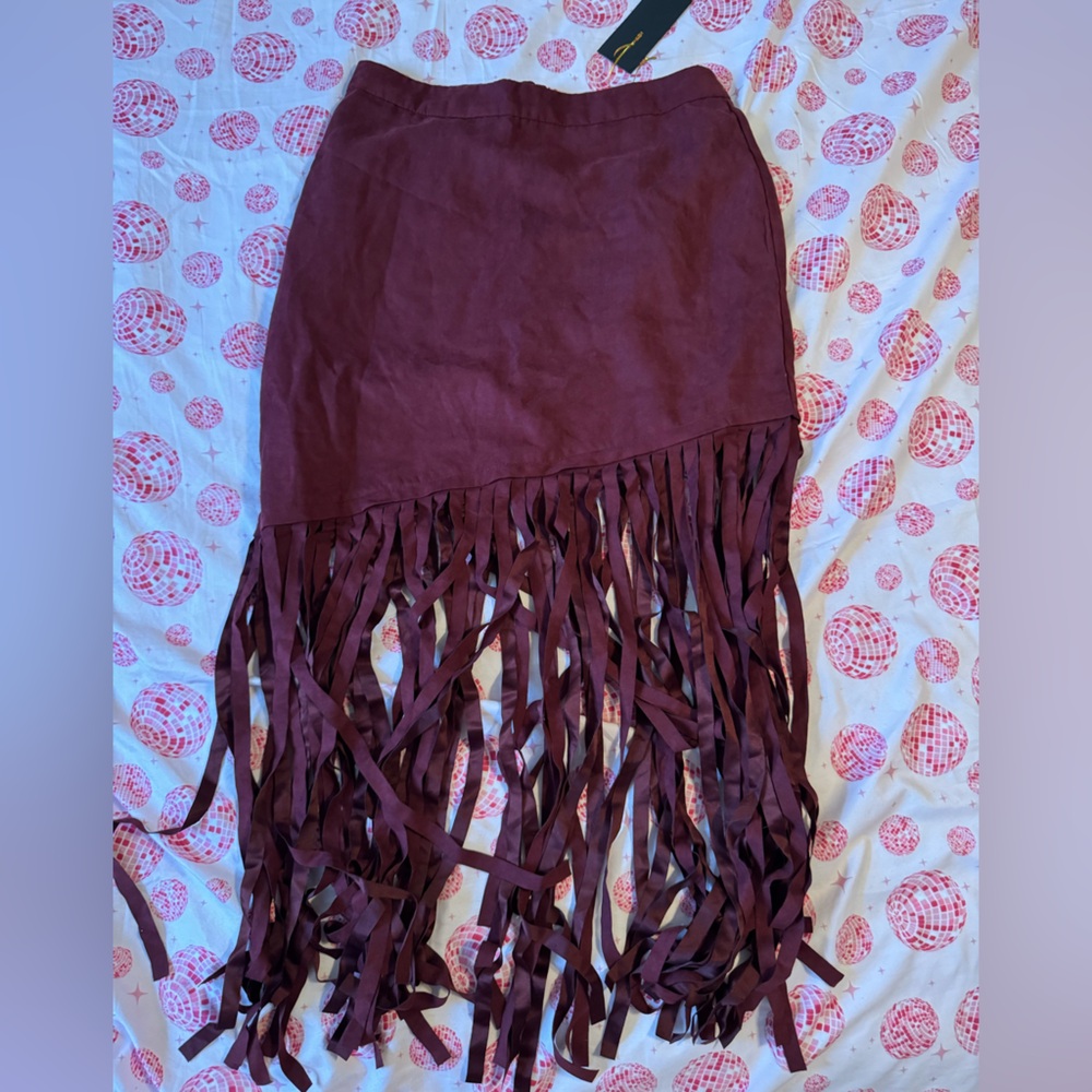 Burgundy Midi Pencil Skirt with Fringe